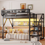Black Loft Bed with Stairs, Storage Shelf, and LED Lighting