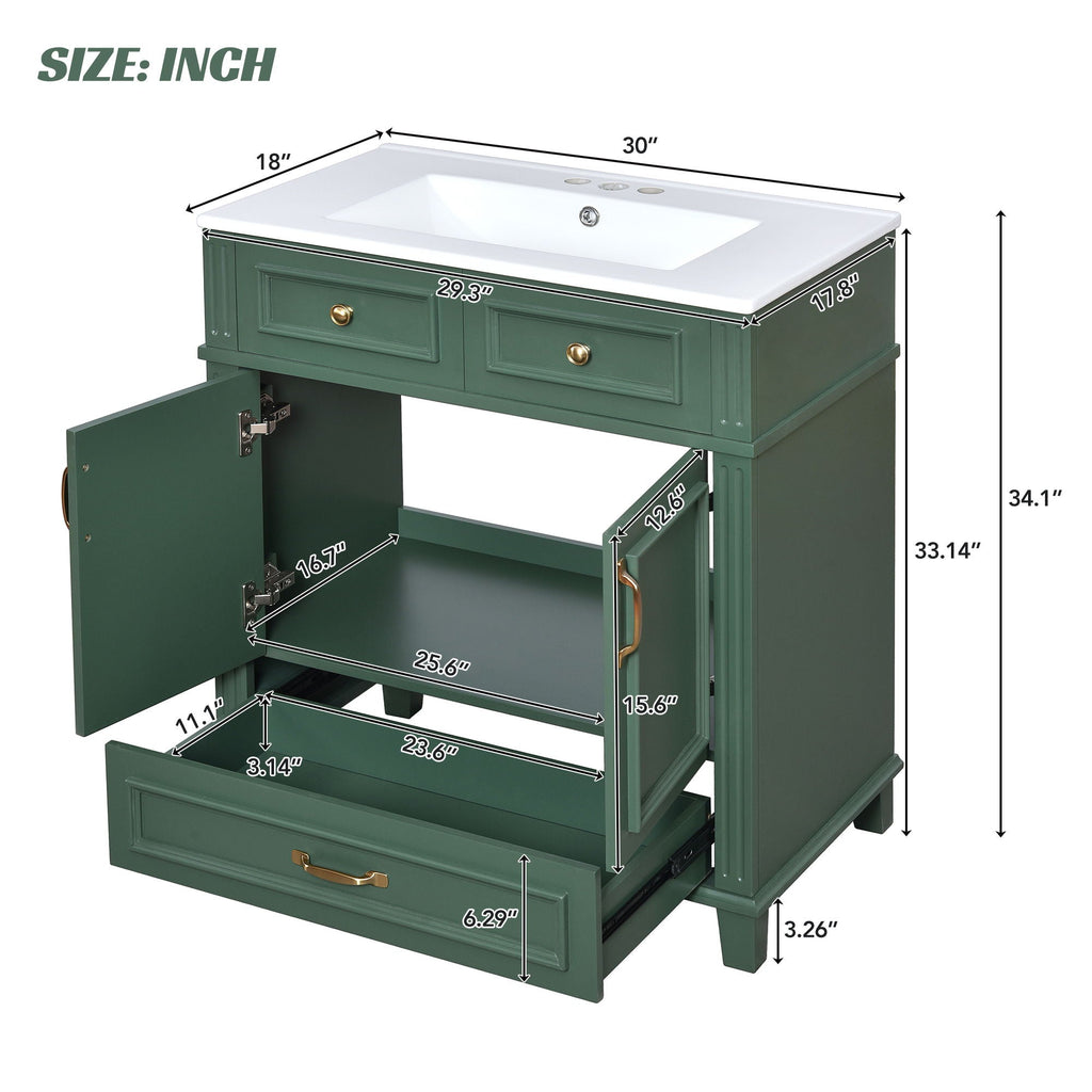 Bathroom Vanity with Sink and Storage Cabinet - White, Blue, or Dark Green