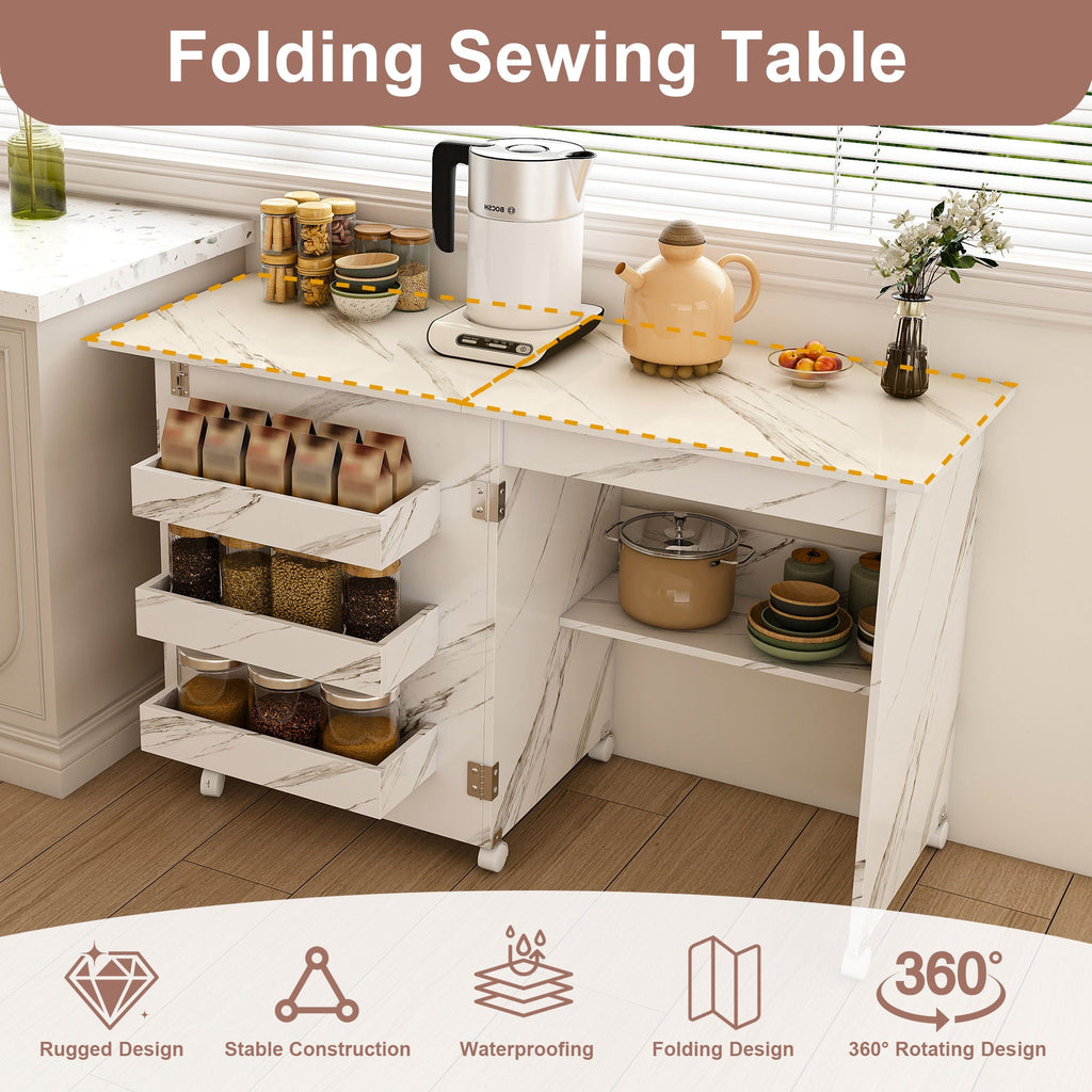 White Folding Sewing Table with Lockable Wheels - 4-in-1 Multi Functional Craft Station