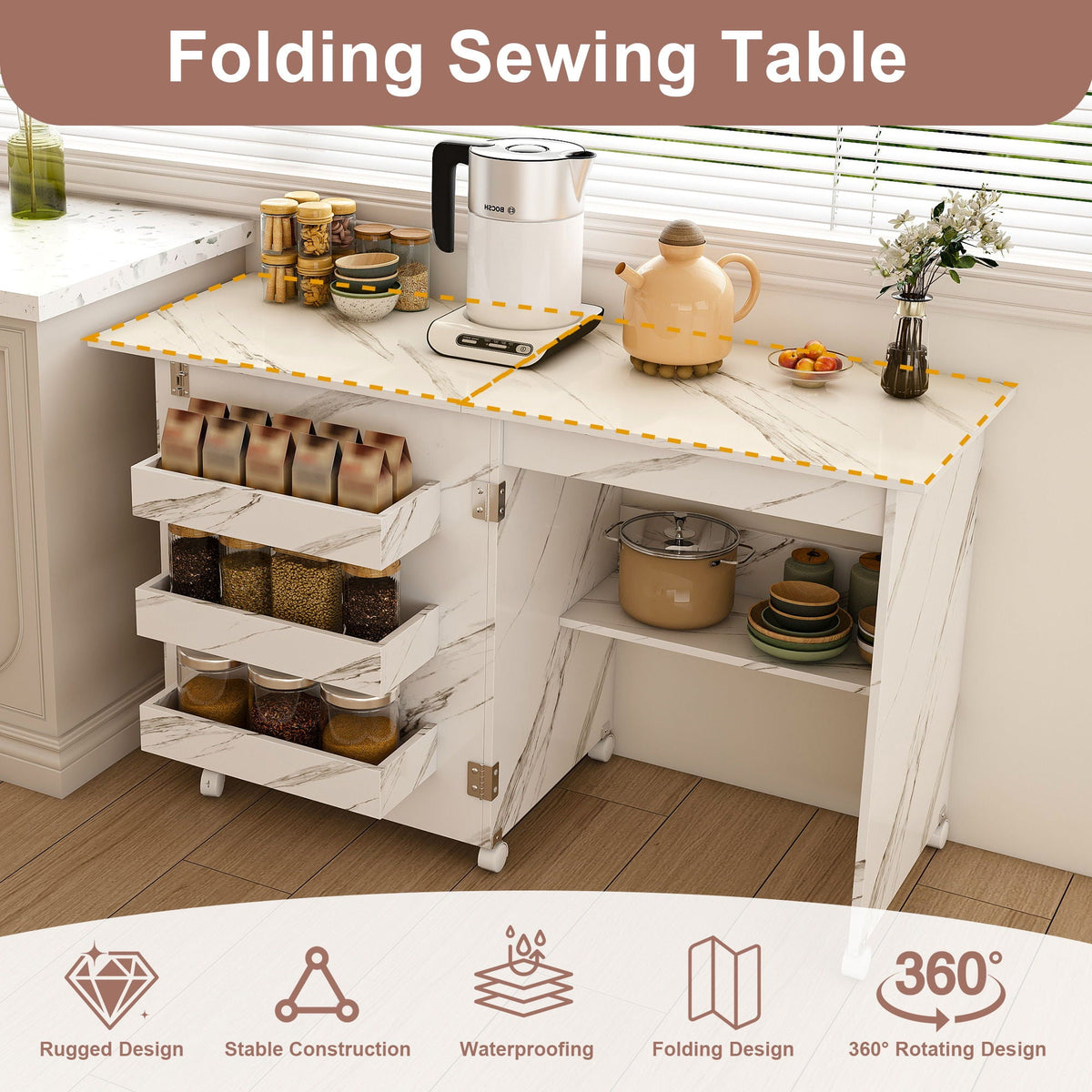 White Folding Sewing Table with Lockable Wheels - 4-in-1 Multi Functional Craft Station