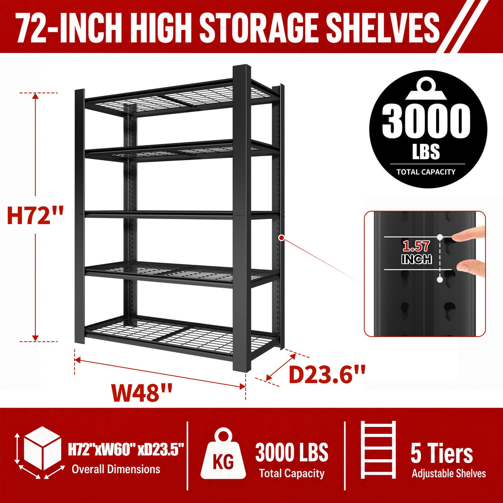 72"H Heavy Duty 5-Tier Shelving Rack