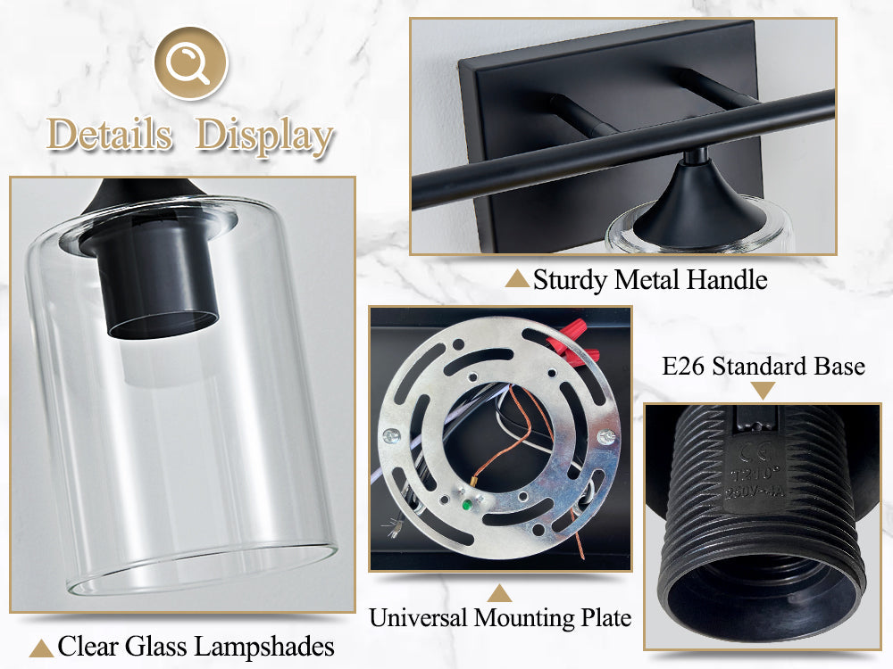 3-Light Matte Bathroom Vanity Wall Light with Clear Glass Shades - Black