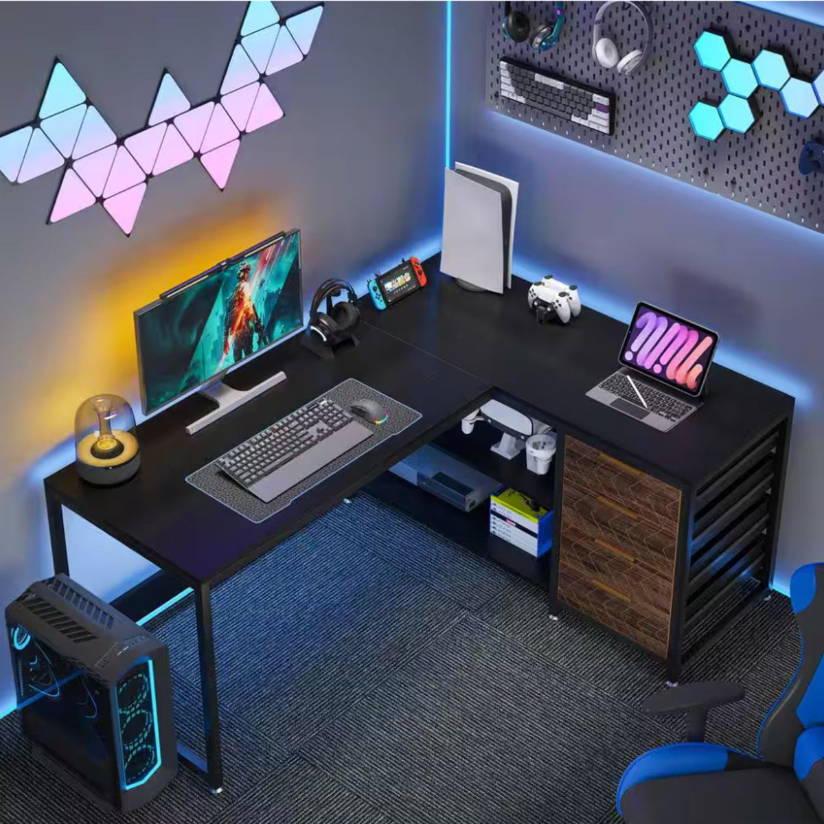 L-Shaped Computer Desk with Drawers and Shelves - Black or Dark Brown