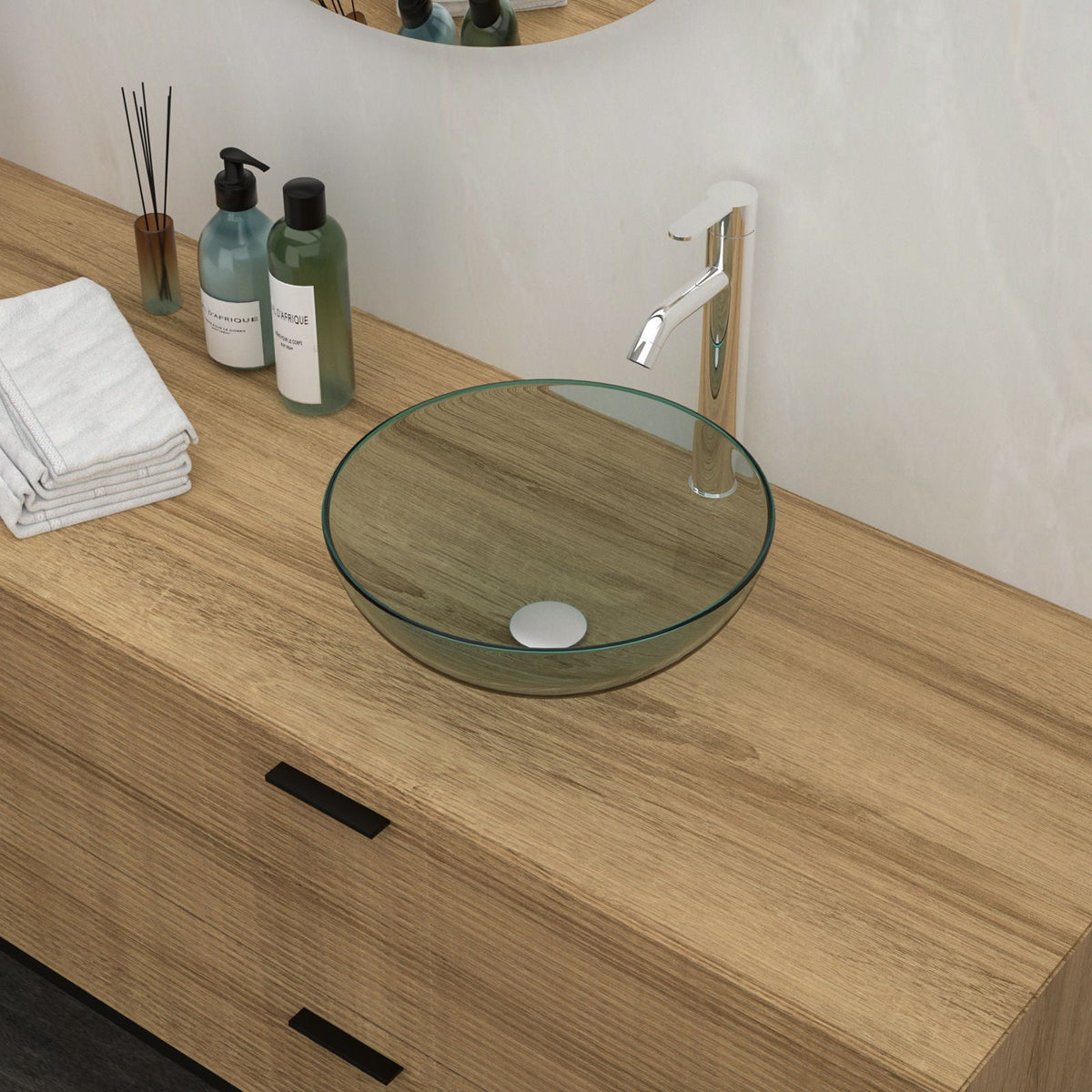 Tempered Glass Vessel Sink with Pop-Up Drain - White, Pearl Silver, Dark Brown, Dark Gray