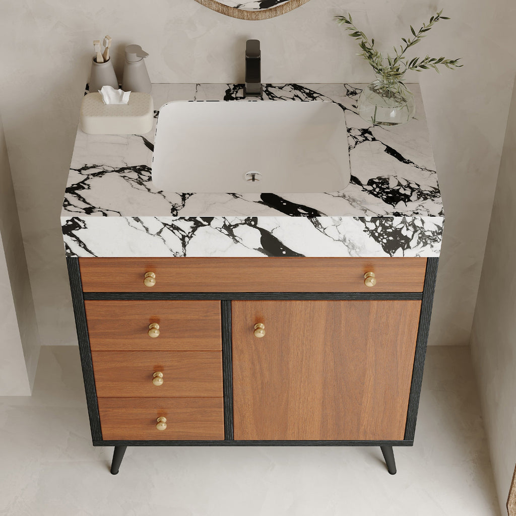 Modern Free-Standing Bathroom Vanity with Ceramic Sink & Sintered Stone Top - White