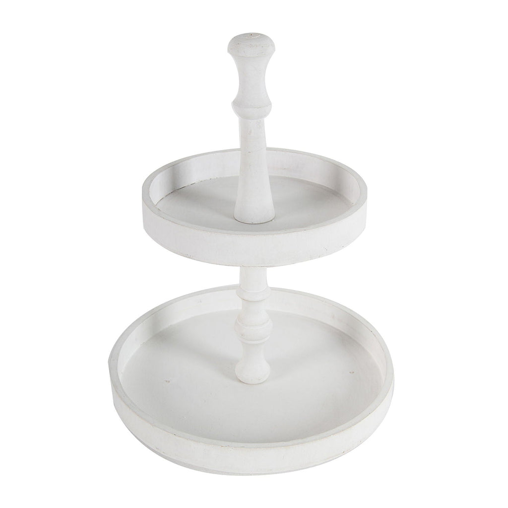 Two Tiered Round Wooden Tray with Farmhouse Style - White