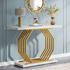 White and Gold Console Table with Geometric Metal Base - Faux Marble Top
