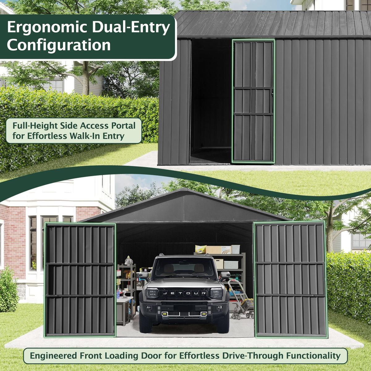 12x15FT Outdoor Metal Garage Shed with Lockable Doors - Metal