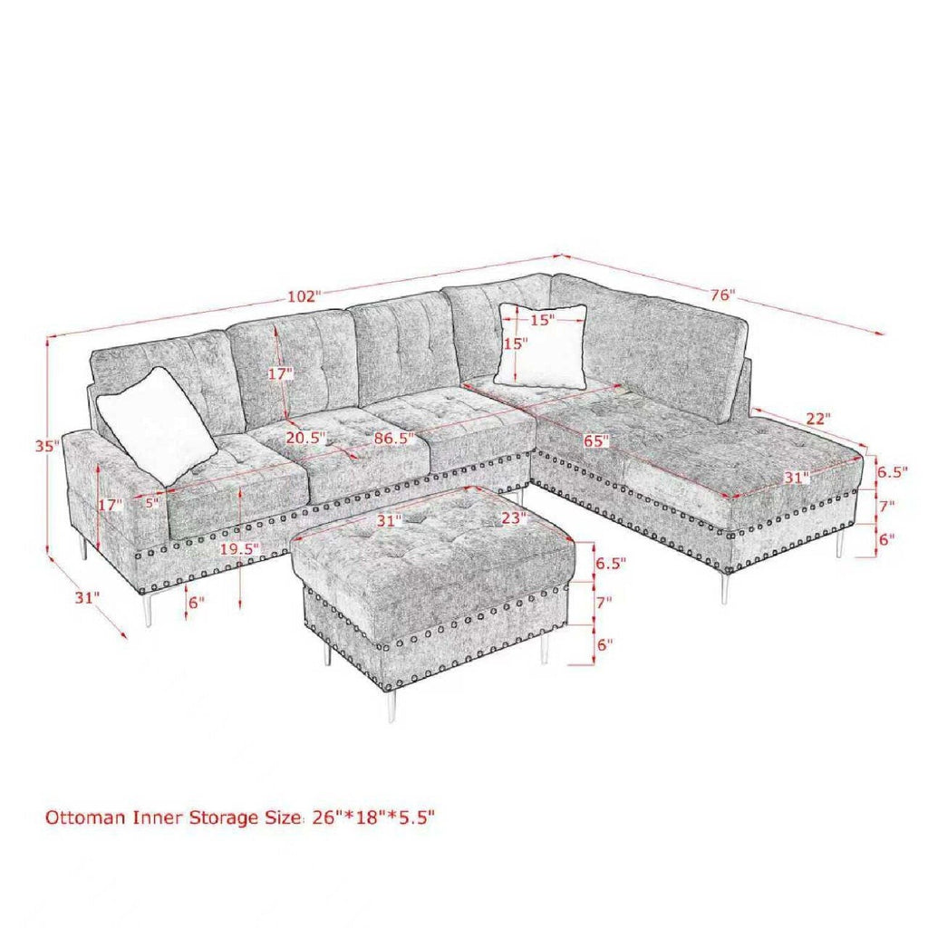 L-Shaped Sectional Sofa with Chaise and Storage Ottoman - Blue or Black