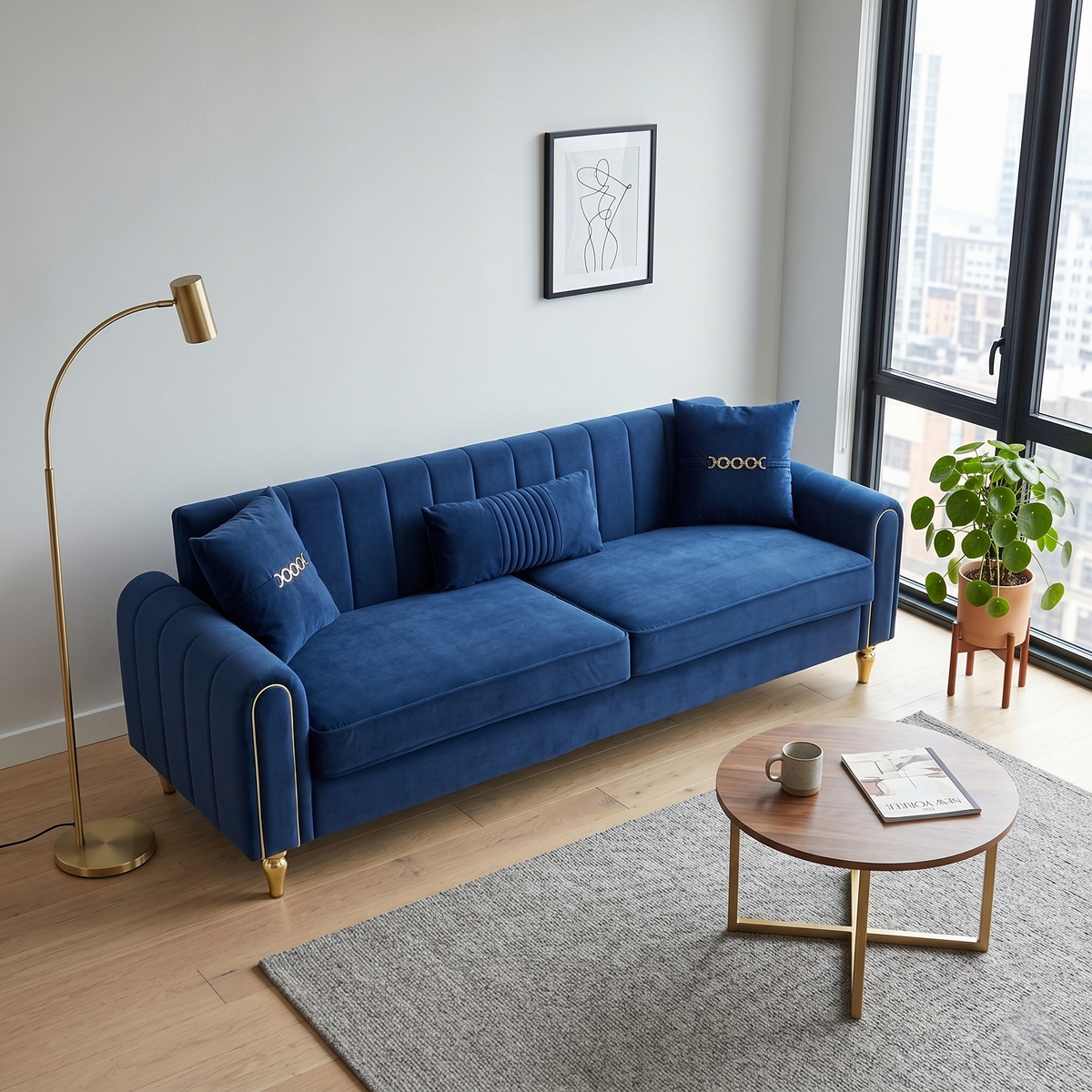 Upholstered 3-Seater Sofa with Metal Legs and Throw Pillows - 87.4 Inches