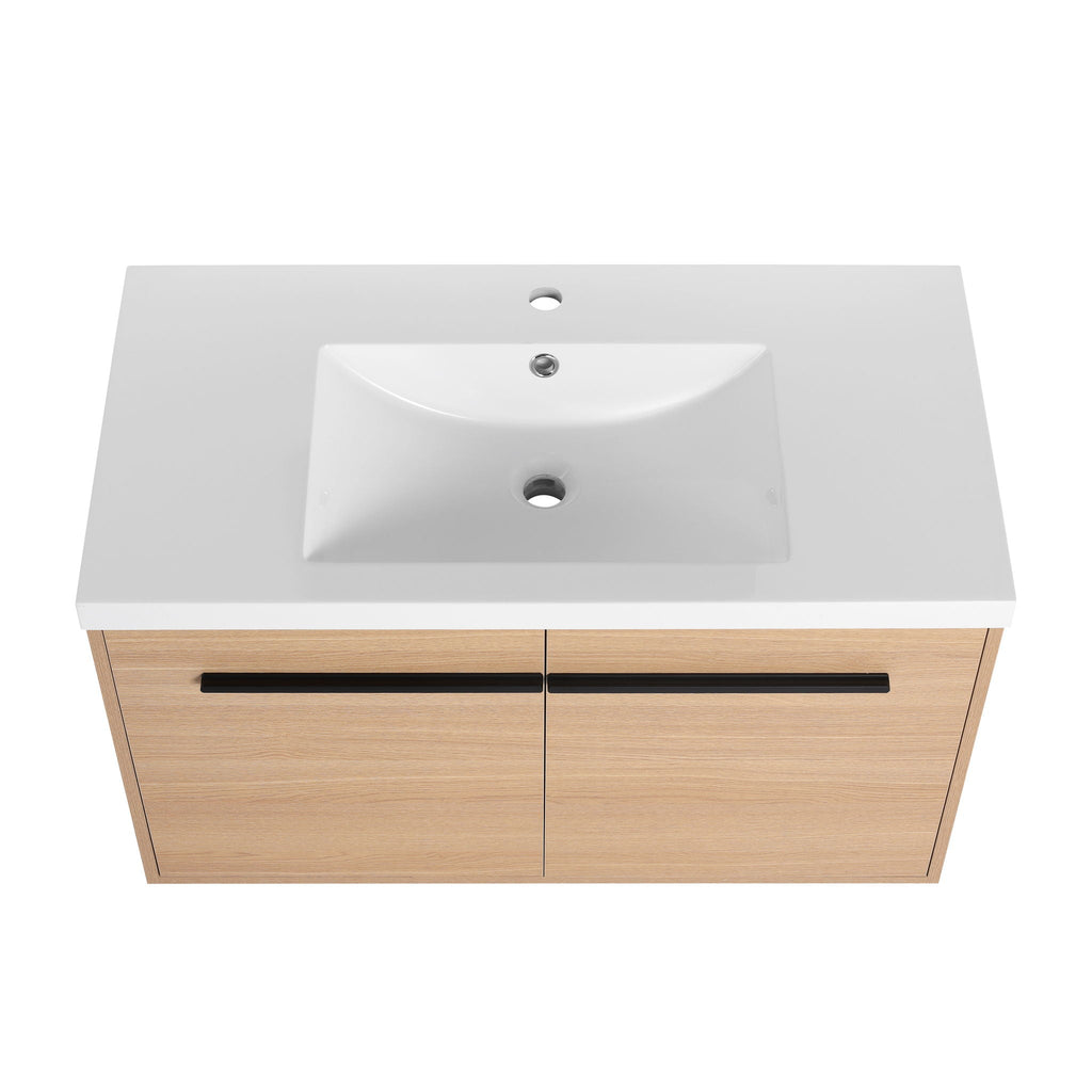 Bathroom Vanity Set with Resin Countertop Sink and 2 Doors - Light Brown Oak