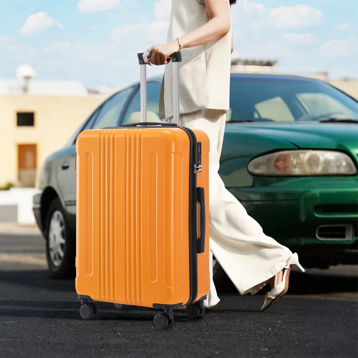 3-Piece ABS Spinner Wheel Luggage Set with TSA Lock - Black and Orange