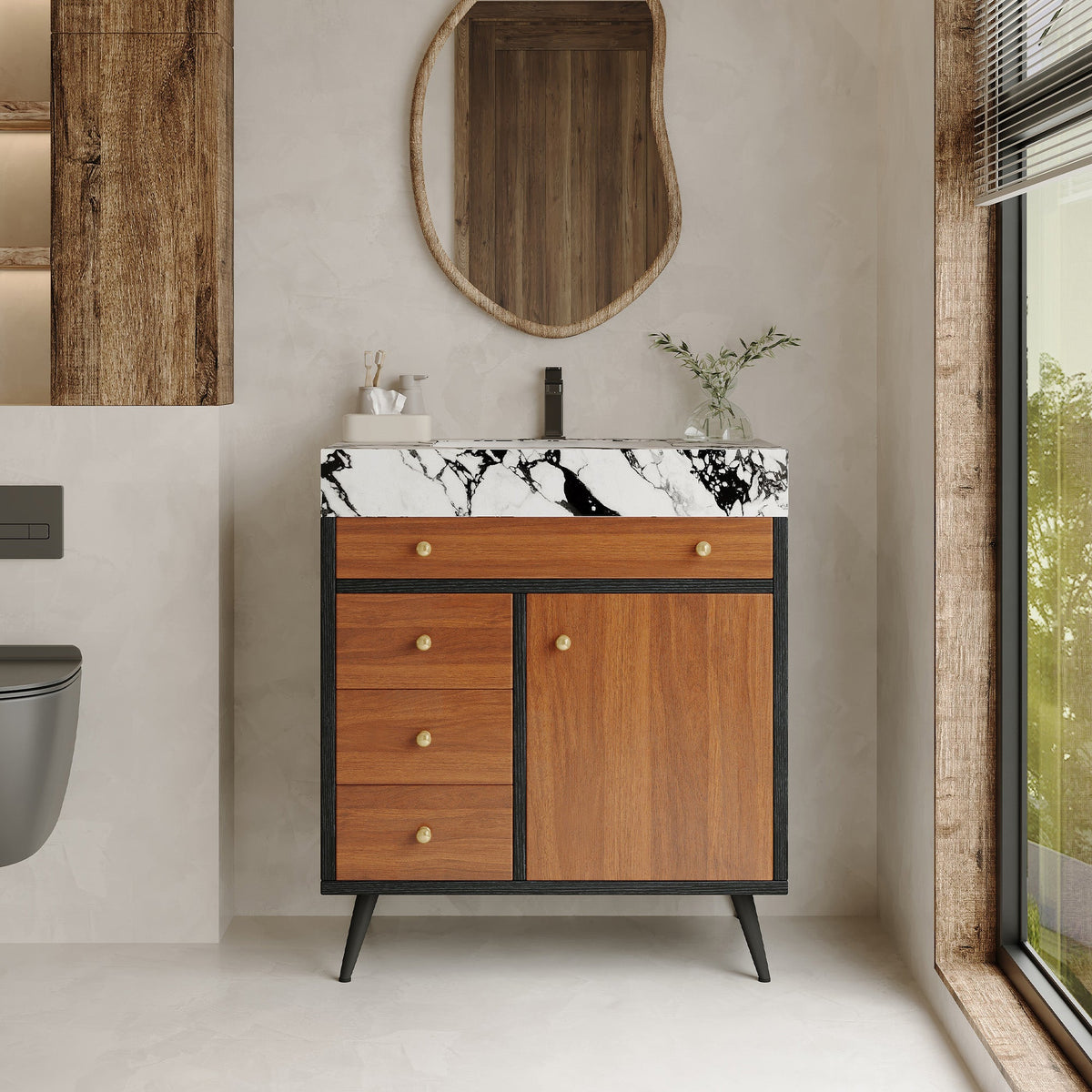 Modern Free-Standing Bathroom Vanity with Ceramic Sink & Sintered Stone Top - White