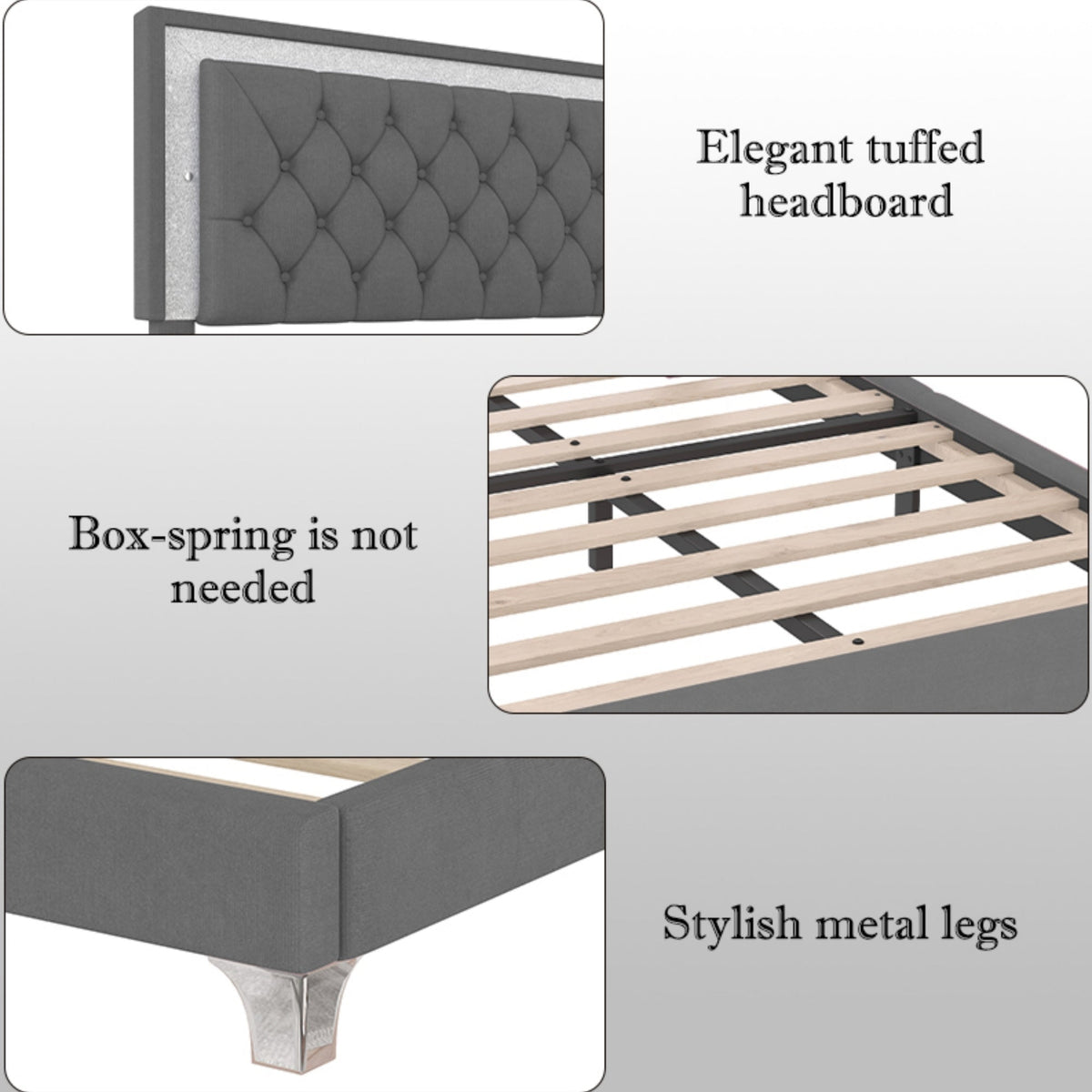 Queen Upholstered Platform Bed with LED Lights - 3-Piece Set, Gray