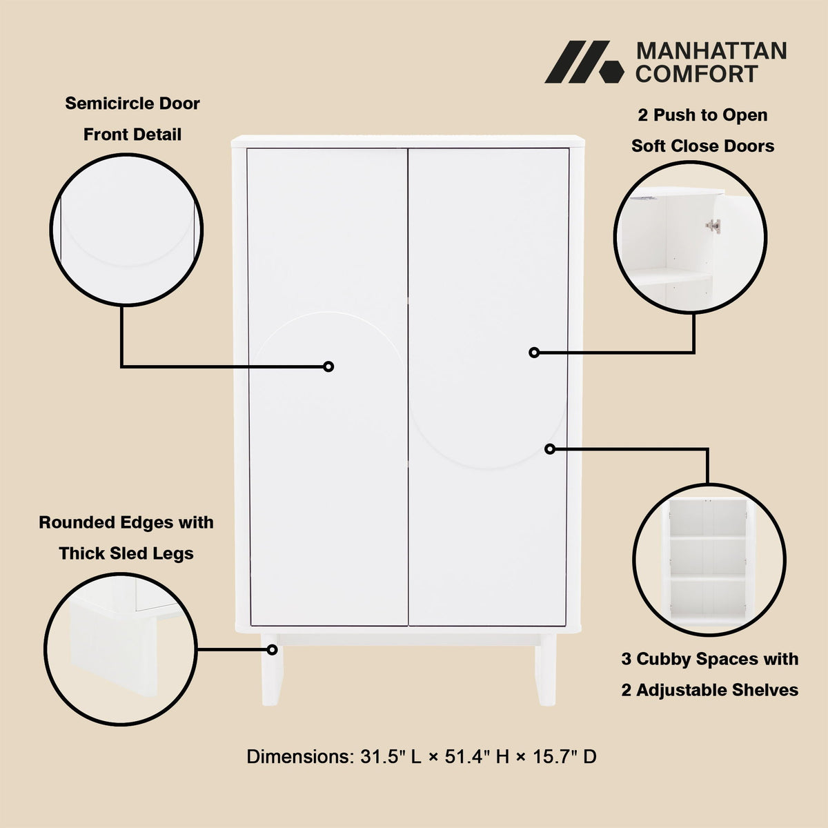 Accent Cabinet with Soft Close Doors and Adjustable Shelves - White, Light Brown, or Green