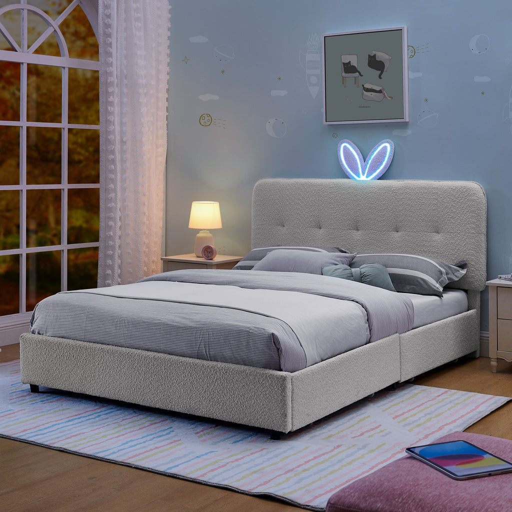 Upholstered Storage Bed with Oversized Rabbit Ear Headboard & LED Lights - Beige or Light Blue