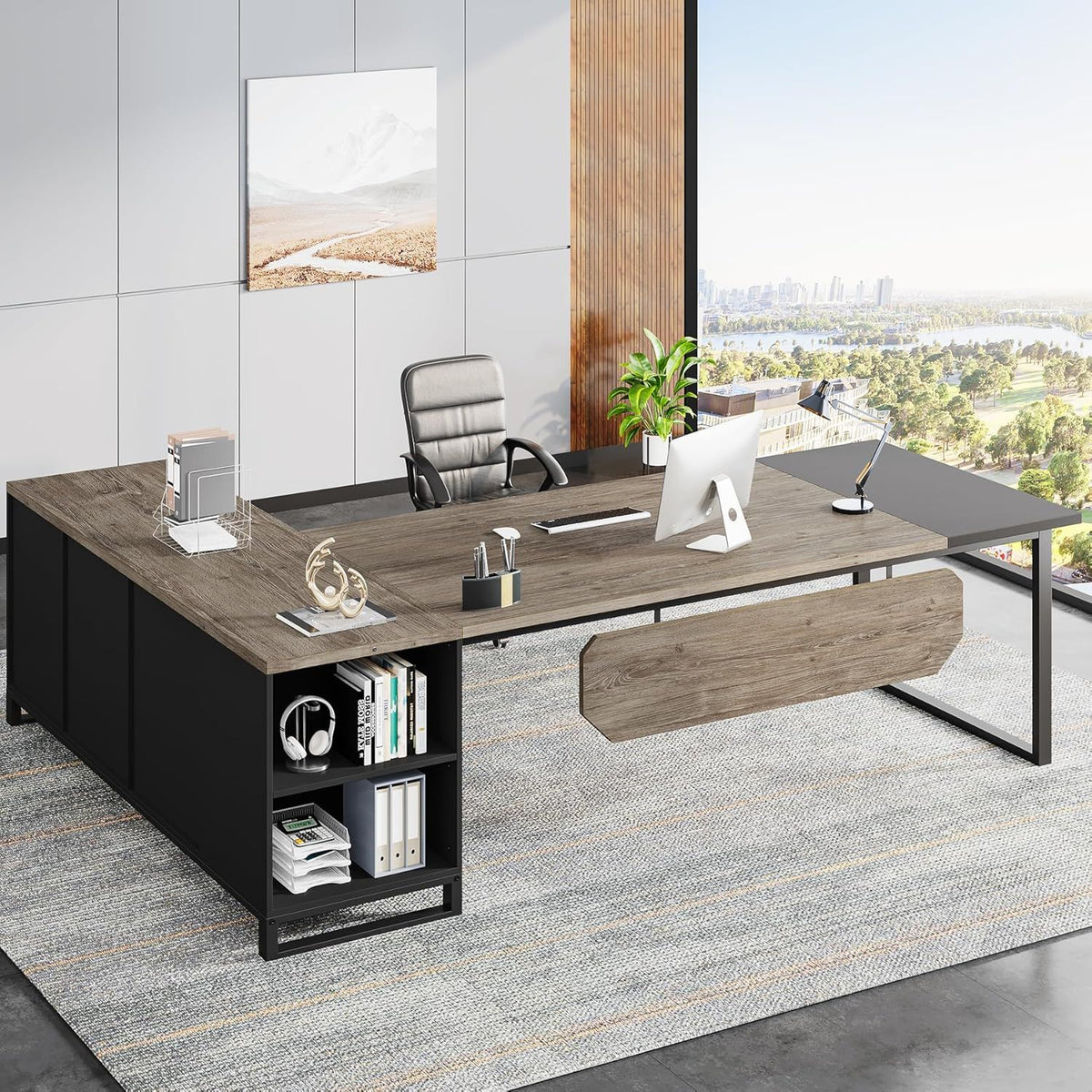 L-Shaped Executive Desk with File Cabinet and Storage - Light Brown or Dark Gray