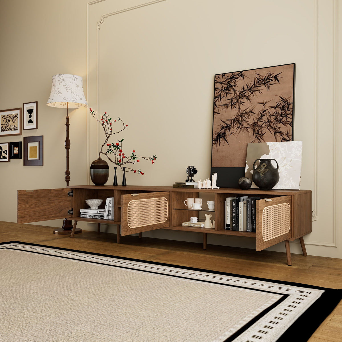 78" Walnut TV Stand With Ample Storage And Open Shelving