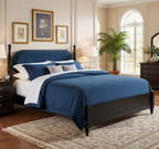 Queen Bed Frame Solid Wood Platform with Upholstered Headboard - Black, Navy Blue