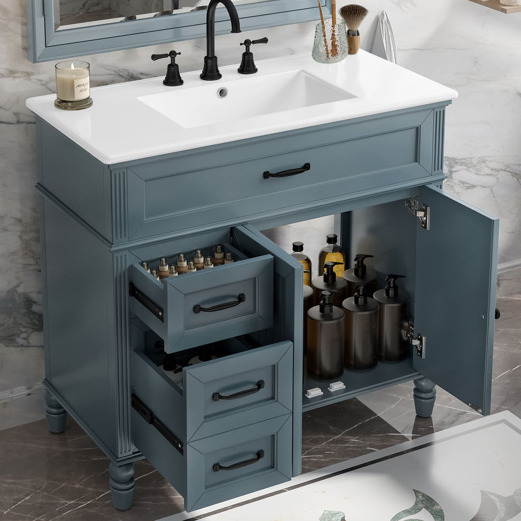Bathroom Vanity With Sink and Drawers - Freestanding Solid Wood Cabinet