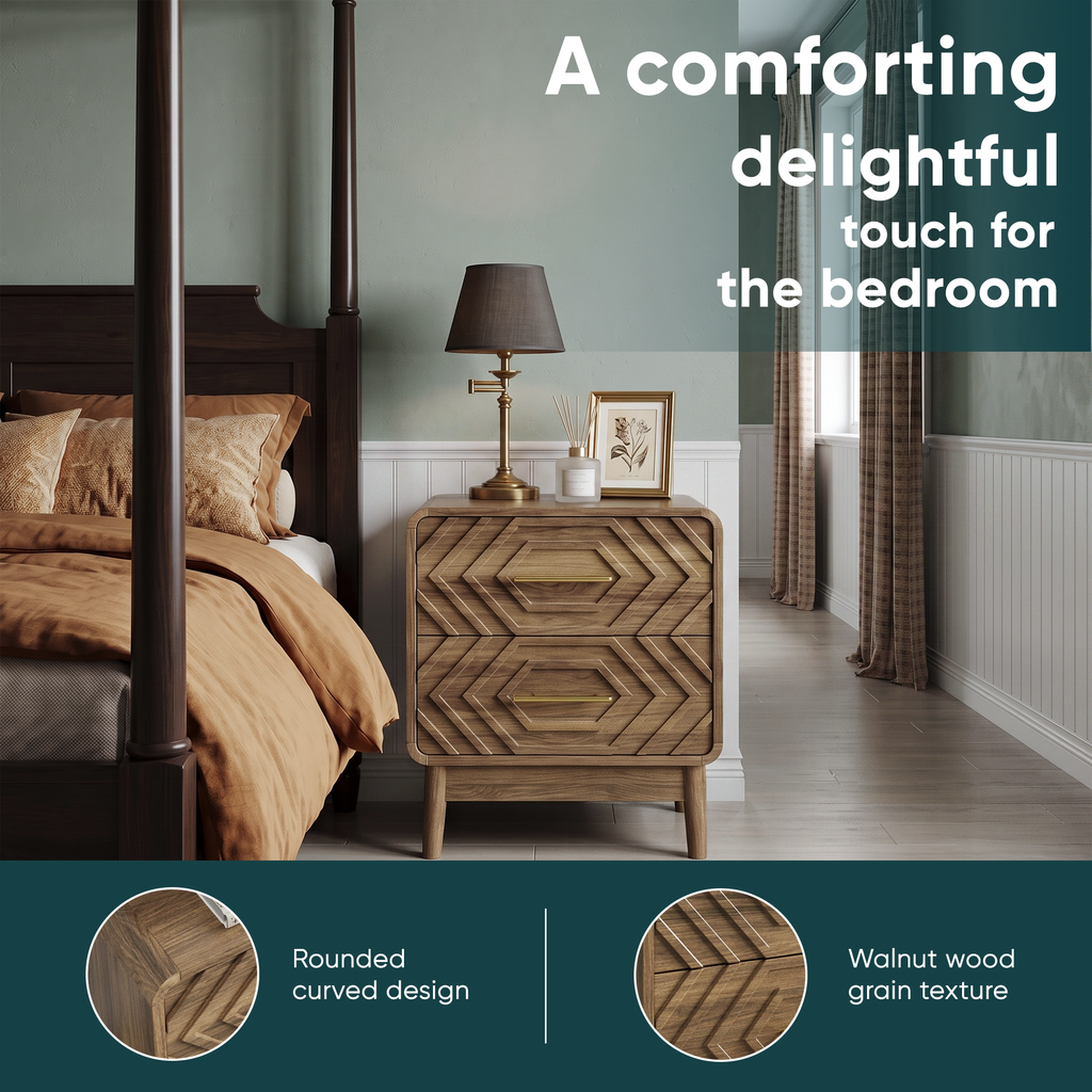 Walnut Wood Bedside Table with Double Drawers - Walnut