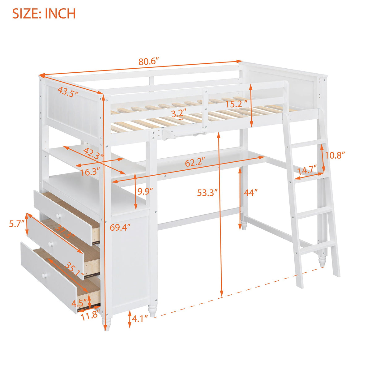 Twin Loft Bed with Drawers and Desk - White