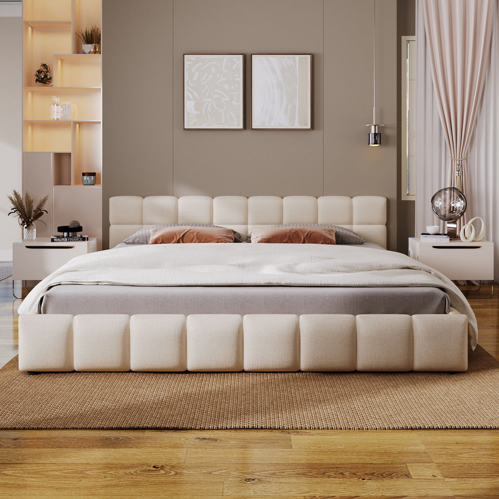 Elegant Chenille Upholstered Bed with Checkerboard Headboard - Beige