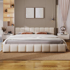 Elegant Chenille Upholstered Bed with Checkerboard Headboard - Beige