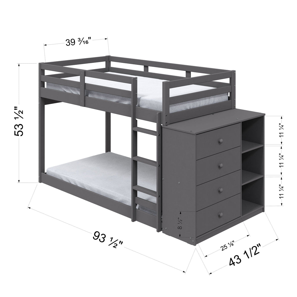 Gray Twin Over Twin Bunk Bed with 4 Drawers and Compartments