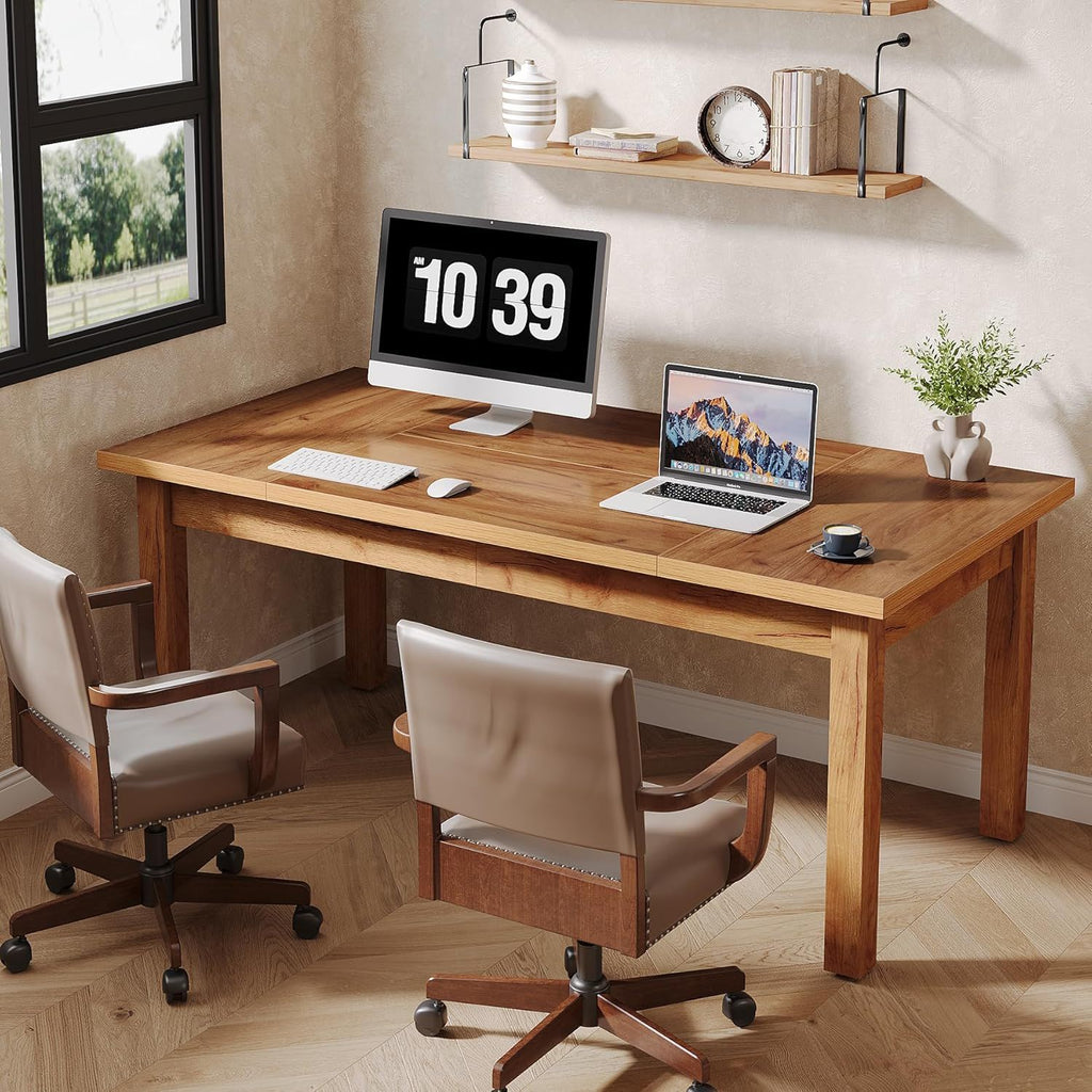 Executive Desk with Solid Wood Legs - Natural Light Brown