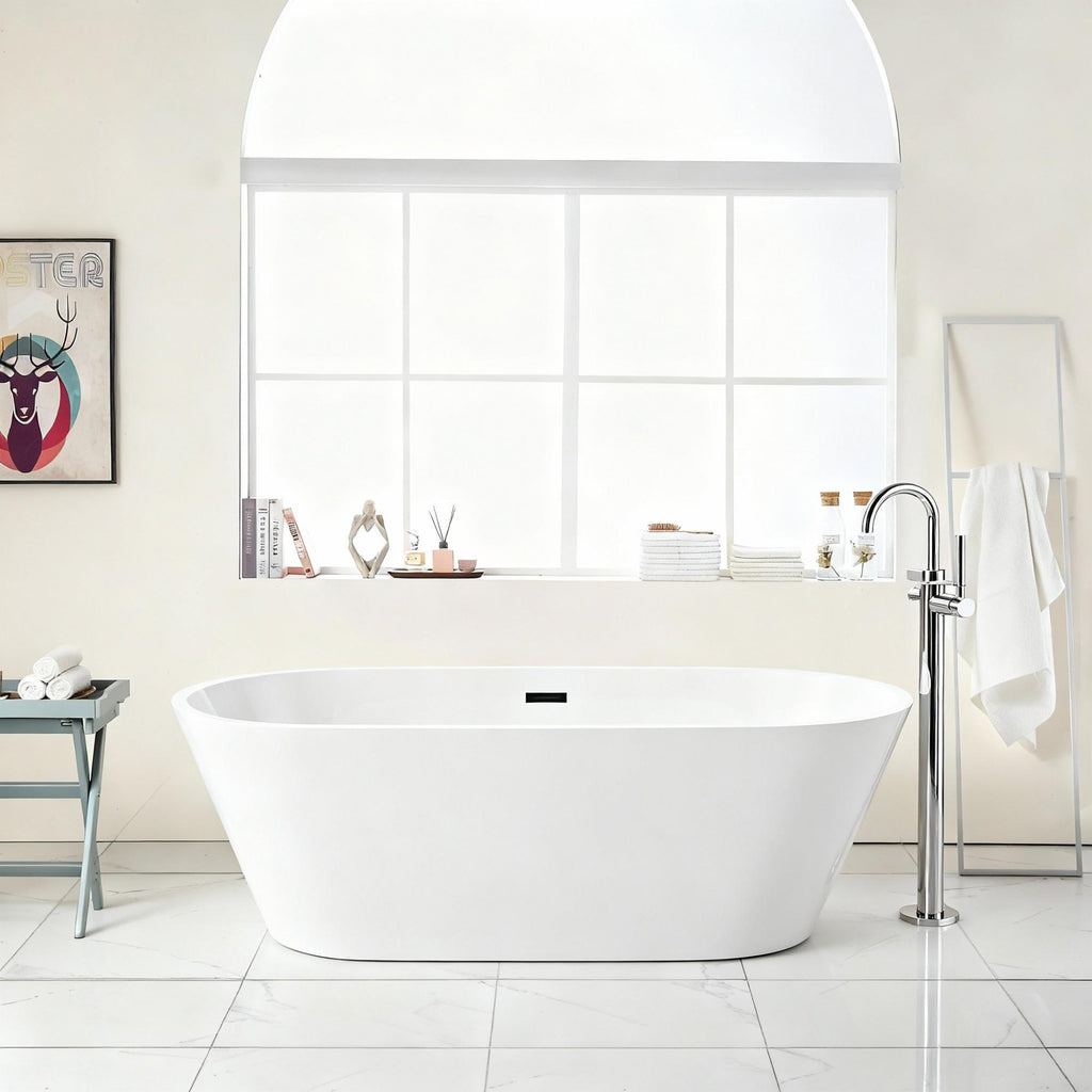 Gloss Freestanding Bathtub with Overflow & Pop Up Drain - White
