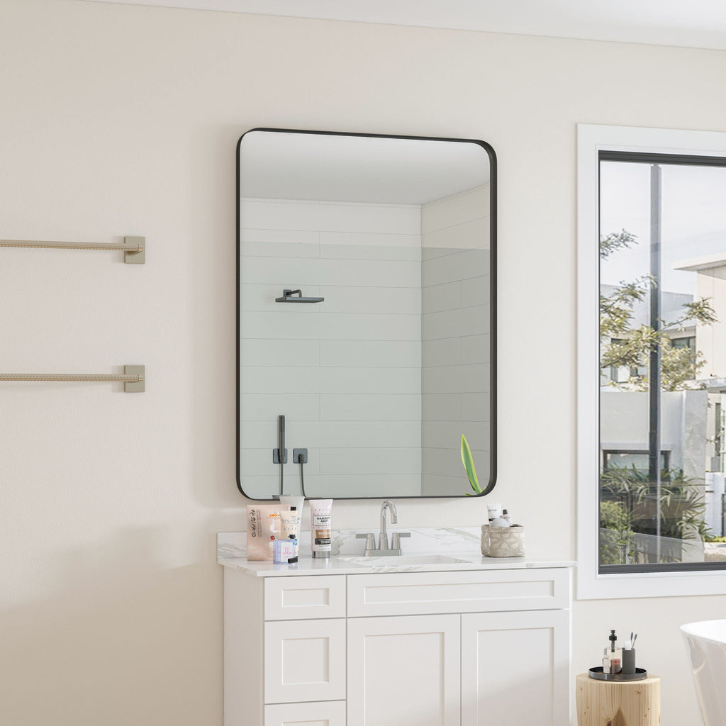 Rectangular Metal Framed Wall Mirror with Modern Design - Black