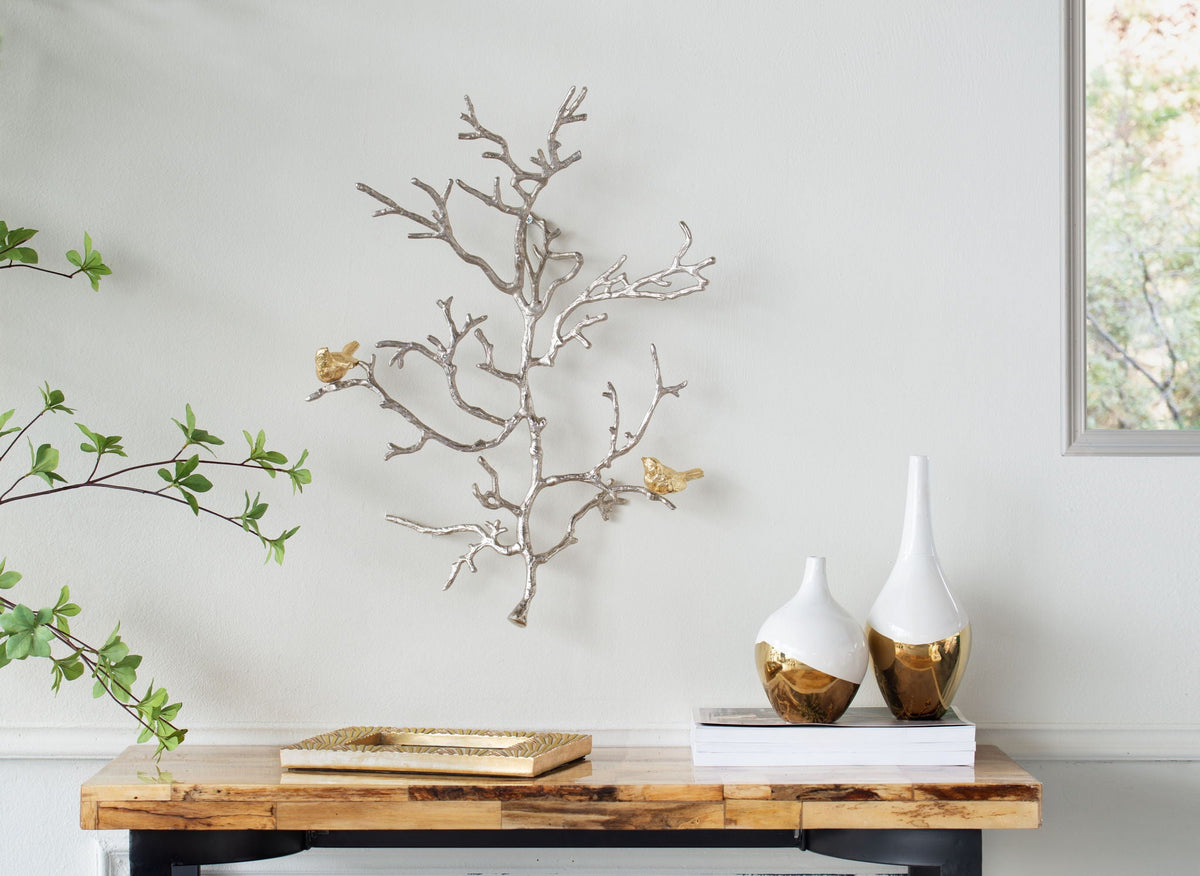 Metal Branch Wall Sculptures with Bird Accents - Silver Multi