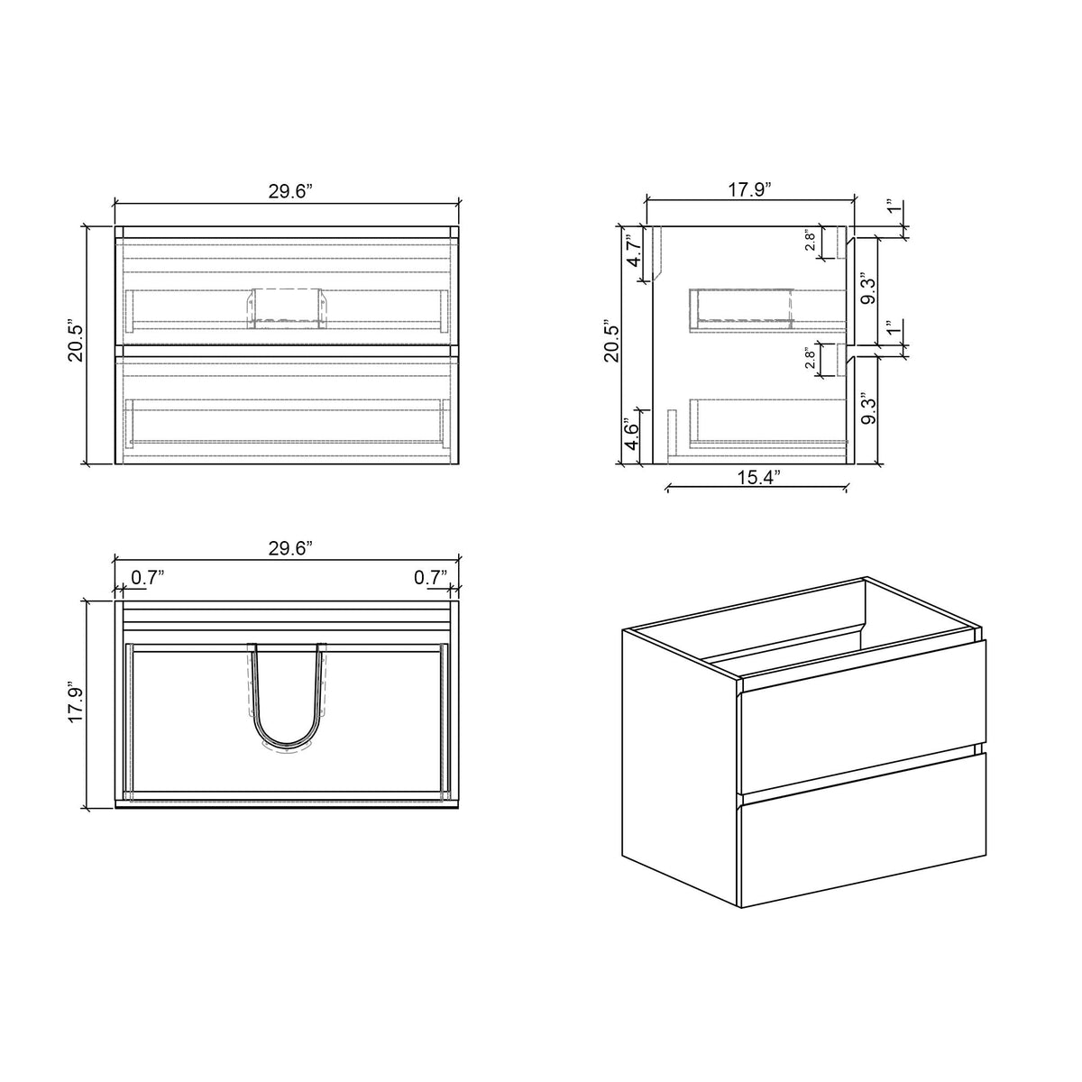 Modern Floating Bathroom Vanity with Large Storage - White or Black