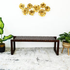 Cognac Brown Upholstered Bench with Genuine Leather Seat - Mid-Century Modern
