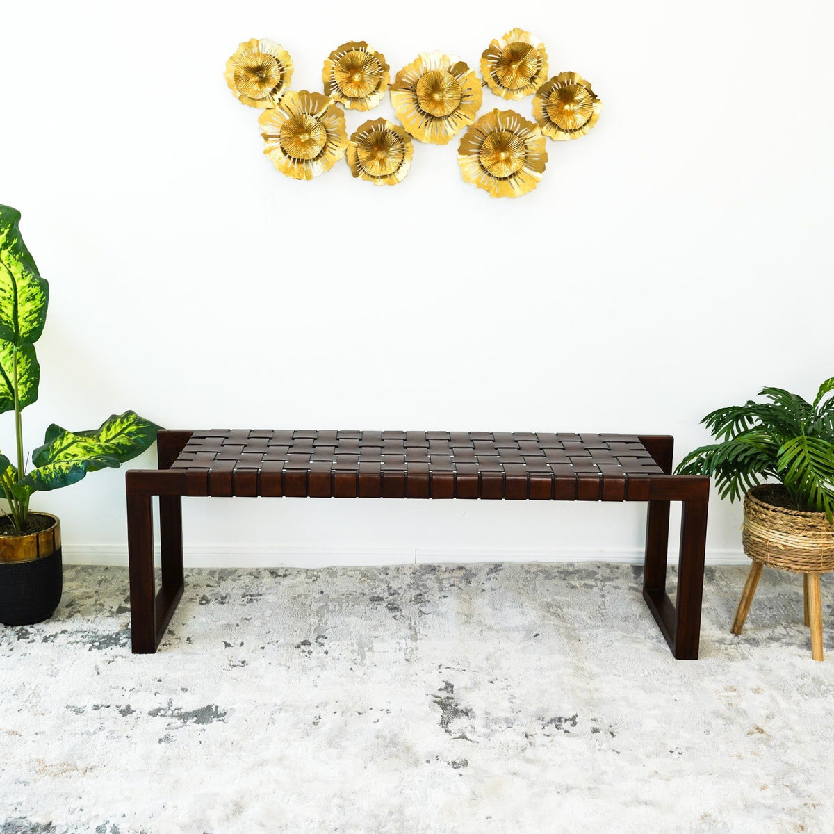 Cognac Brown Upholstered Bench with Genuine Leather Seat - Mid-Century Modern
