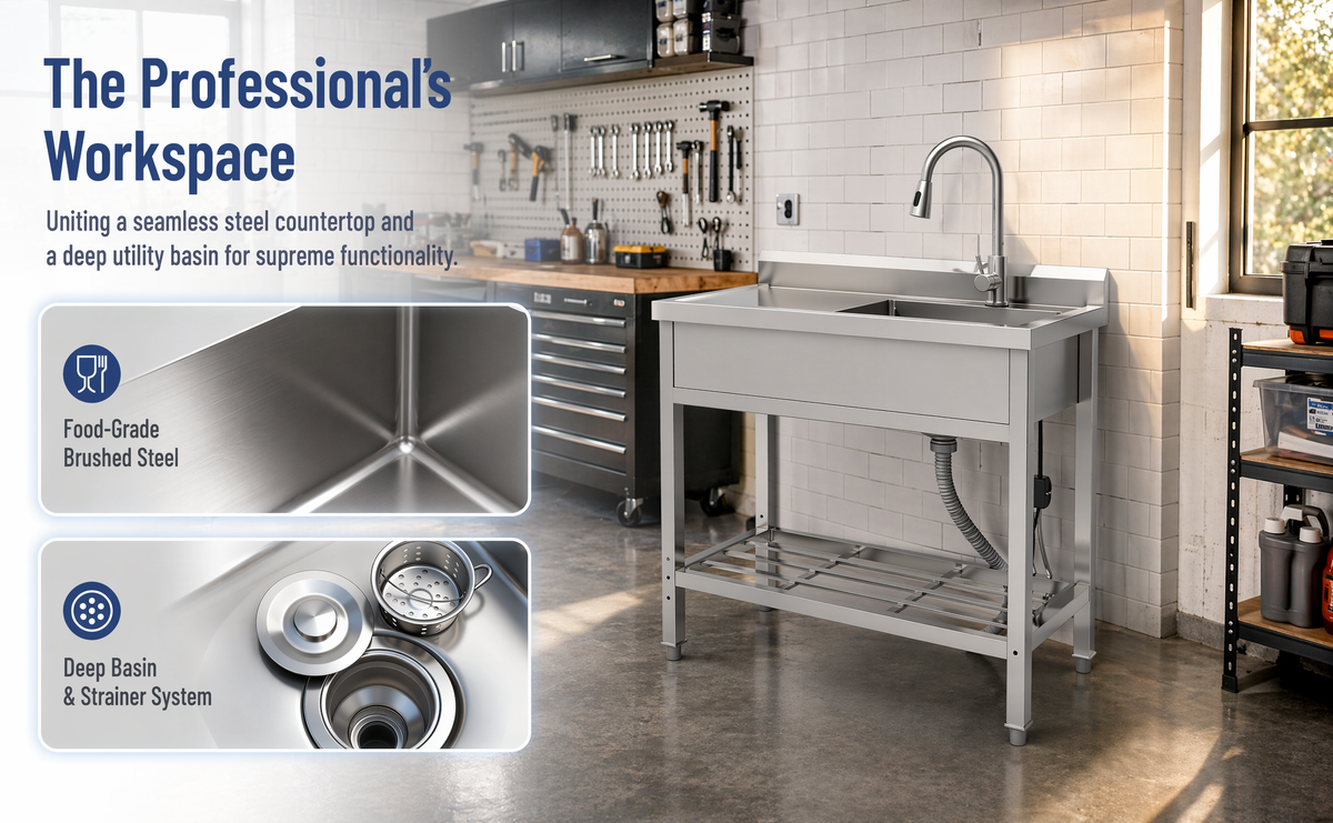 Stainless Steel Utility Sink with Large Compartment & Pull-Out Faucet - Silver