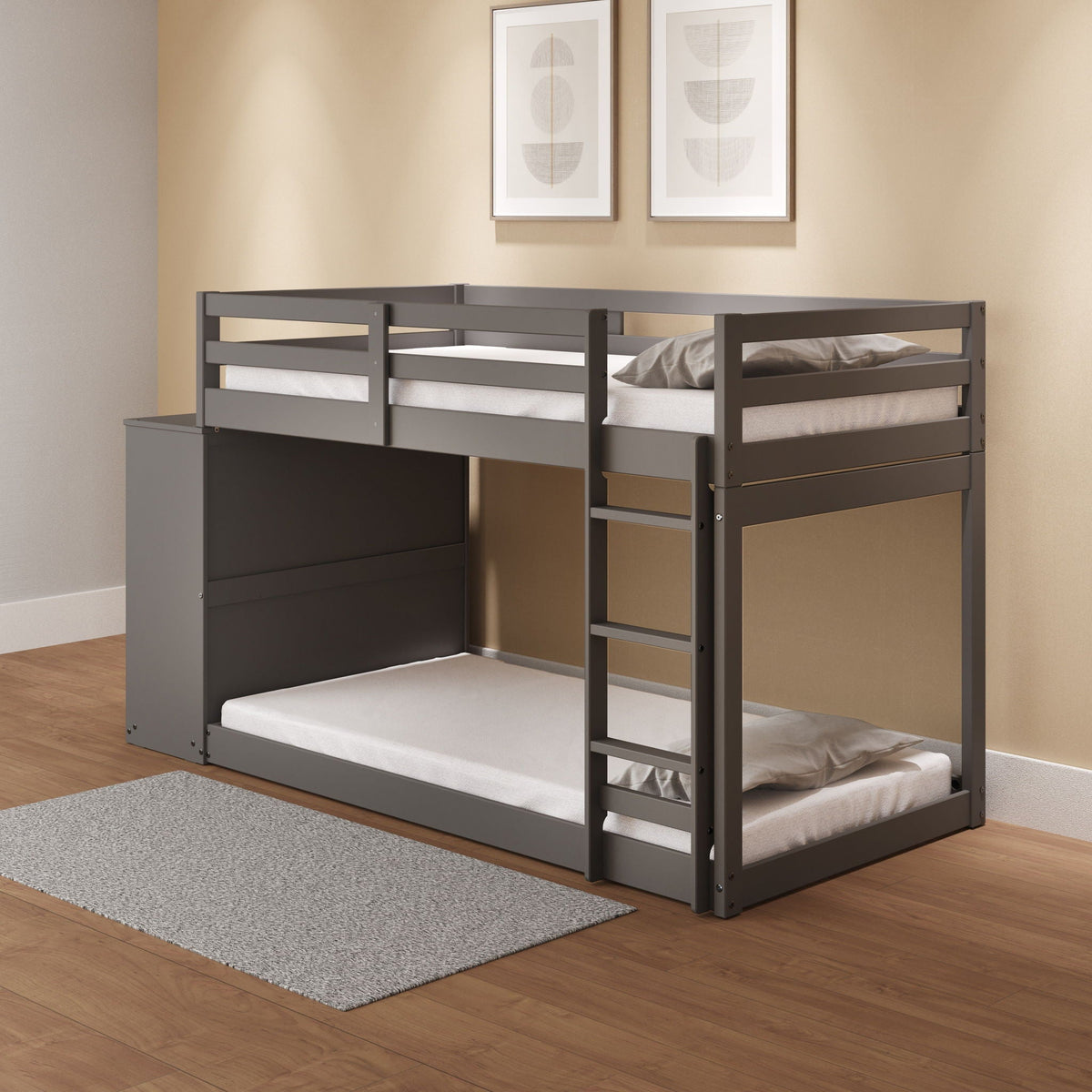Gray Twin Over Twin Bunk Bed with 4 Drawers and Compartments
