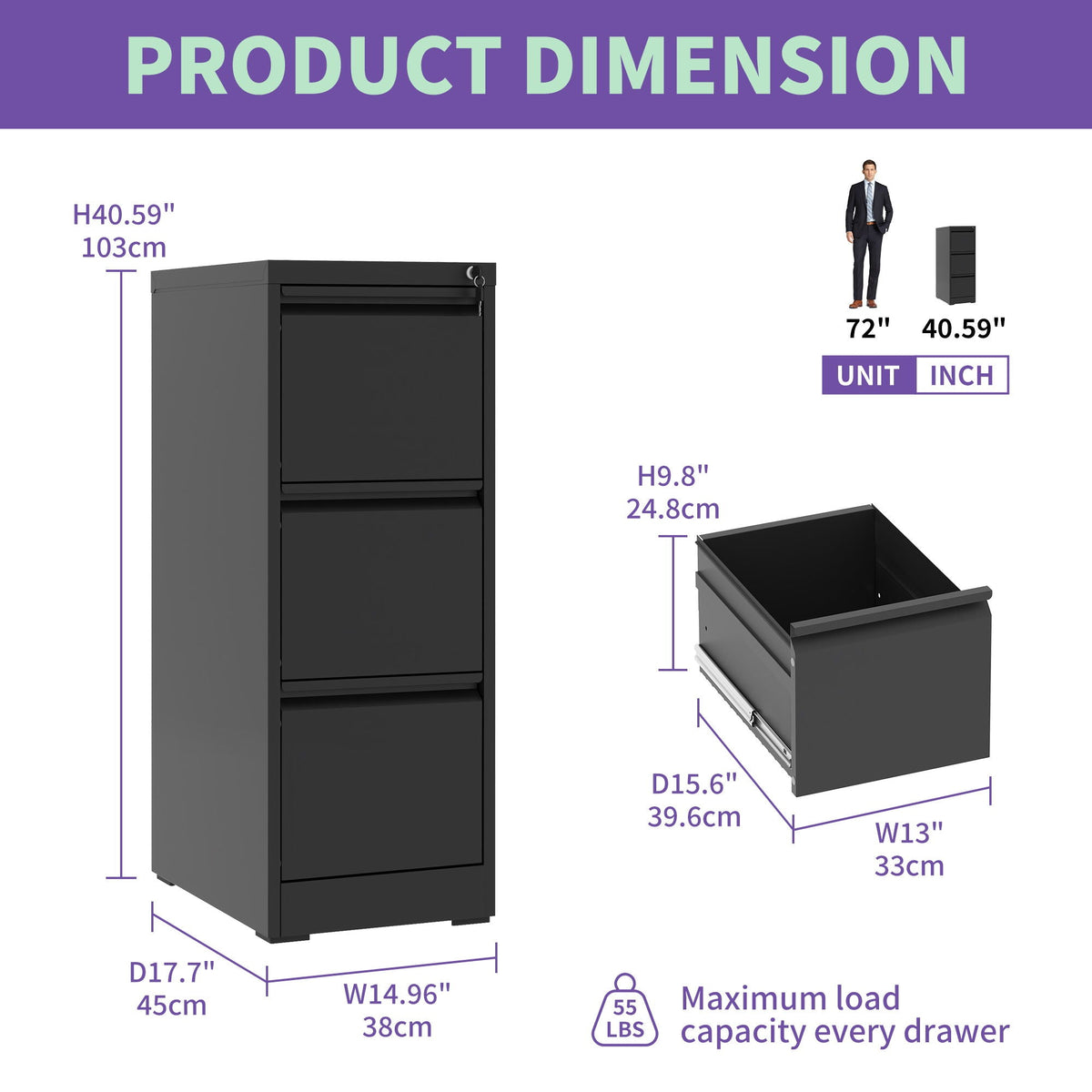 Steel Vertical File Cabinet with Lock – Multiple Sizes - Black or White