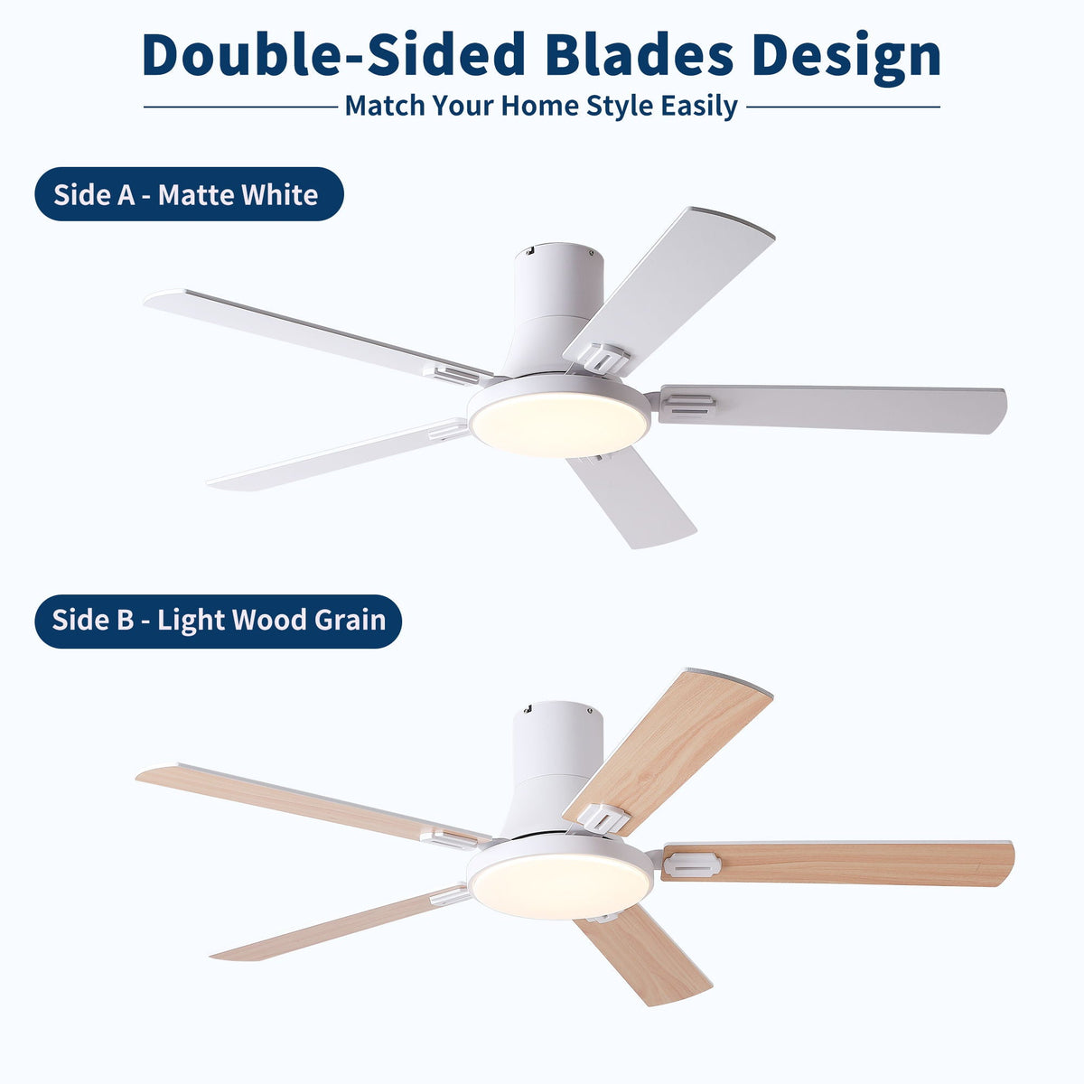 Flush Mount Ceiling Fan with LED Light and Remote Control - Black, White, Pearl Silver