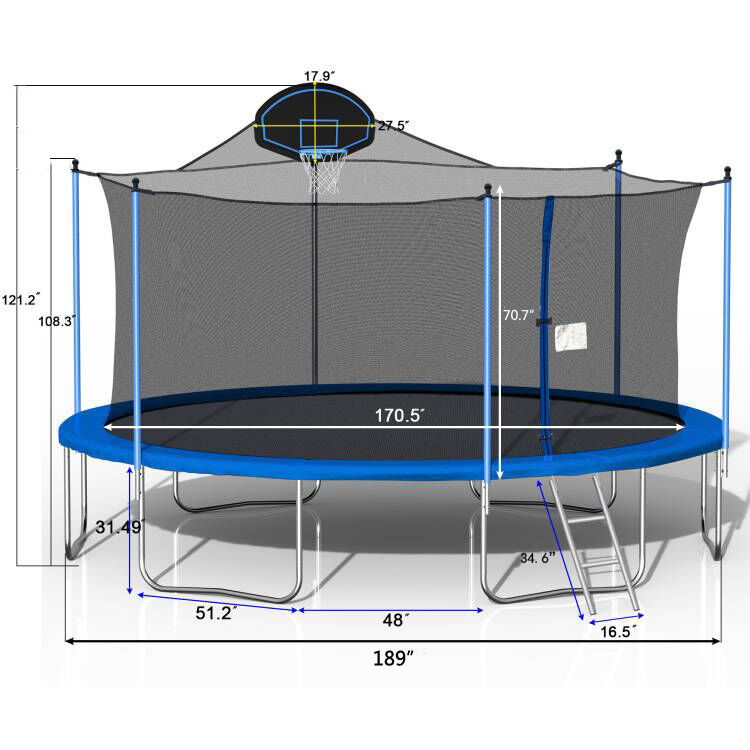 16ft Trampoline with Basketball Hoop and Double-Sided Cover - Blue