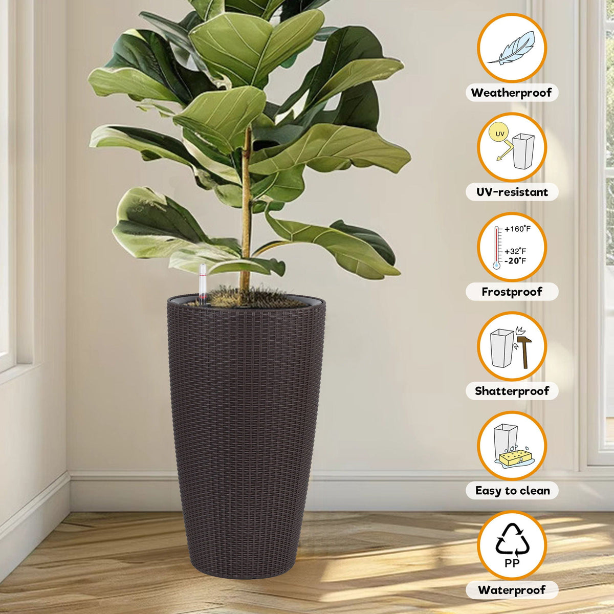 Tall Planters Set with Auto Watering and Water Level Monitor - Polypropylene