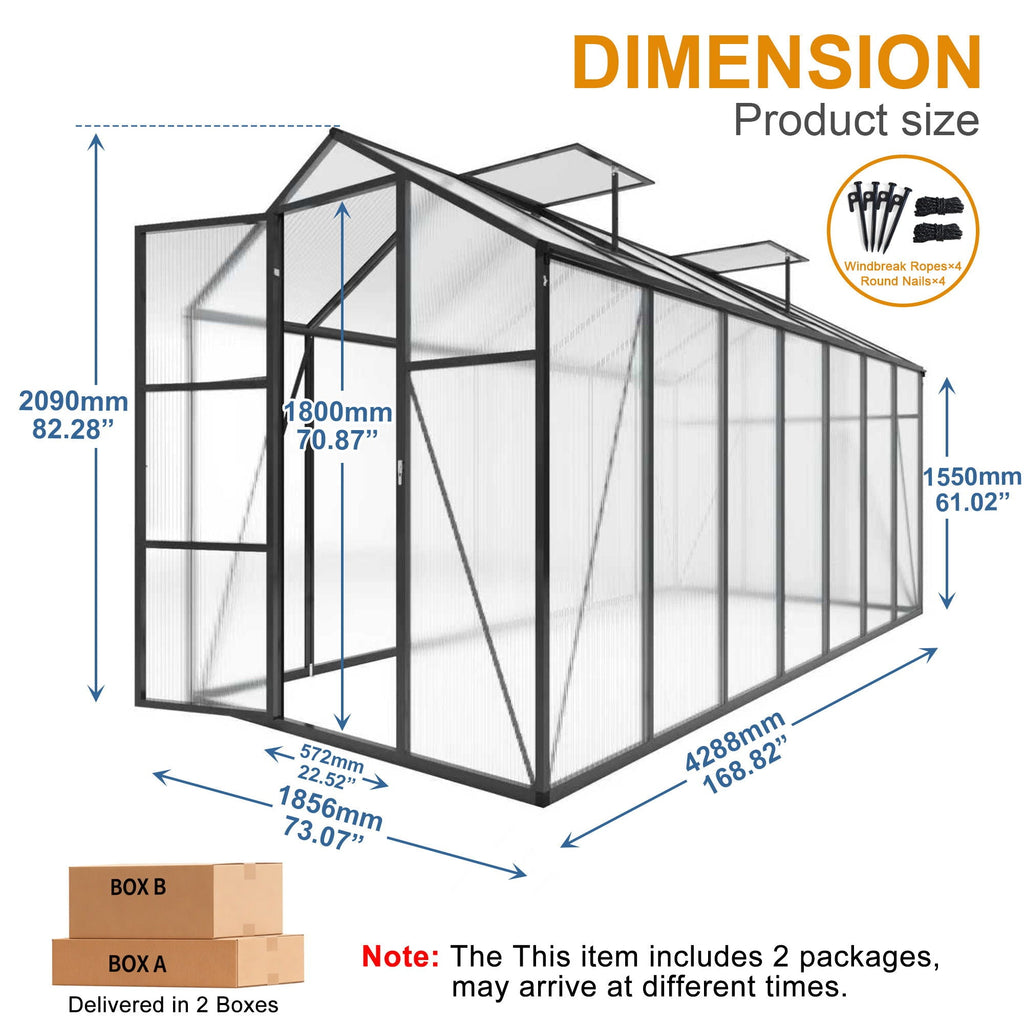 Windproof Greenhouse with Raised Base - Polycarbonate Panels - Black