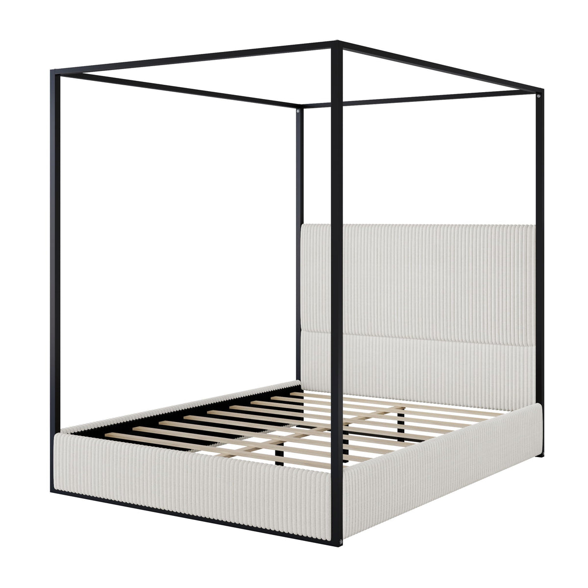 Canopy Bed With Tall Upholstered Headboard and Four Poster - White