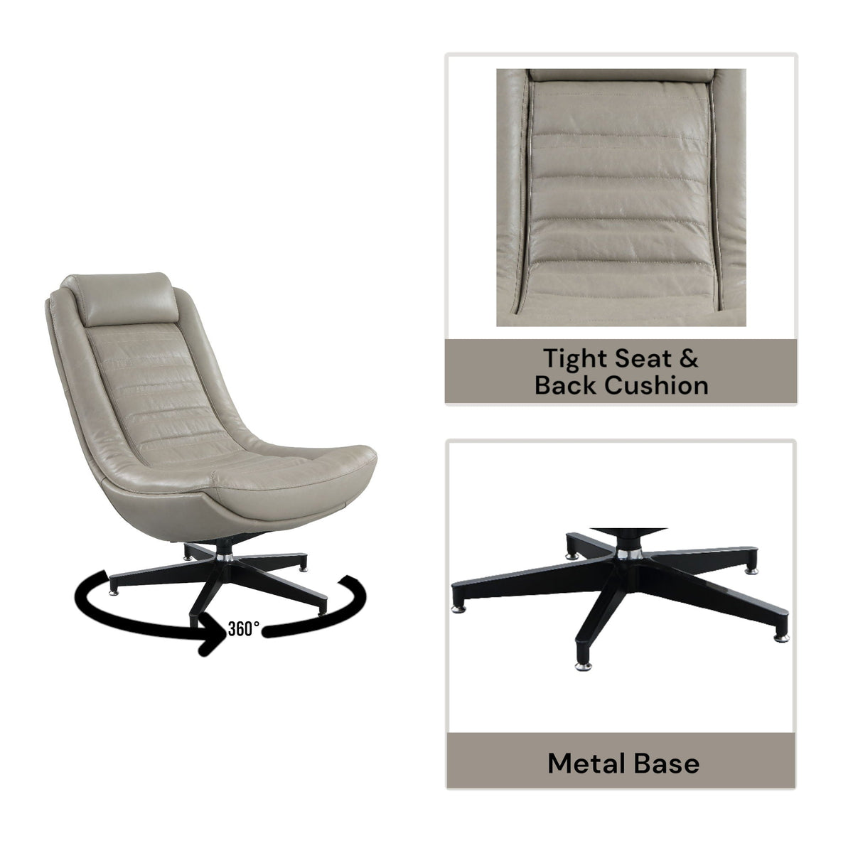 Top Grain Leather Swivel Accent Chair with Ergonomic Design - Twilight