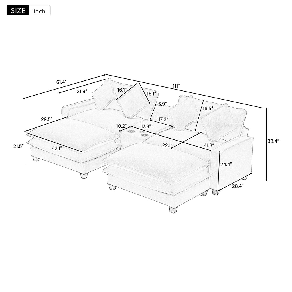 Modern Sectional Sofa with Removable Ottomans, USB Ports - Dark Gray or Light Blue