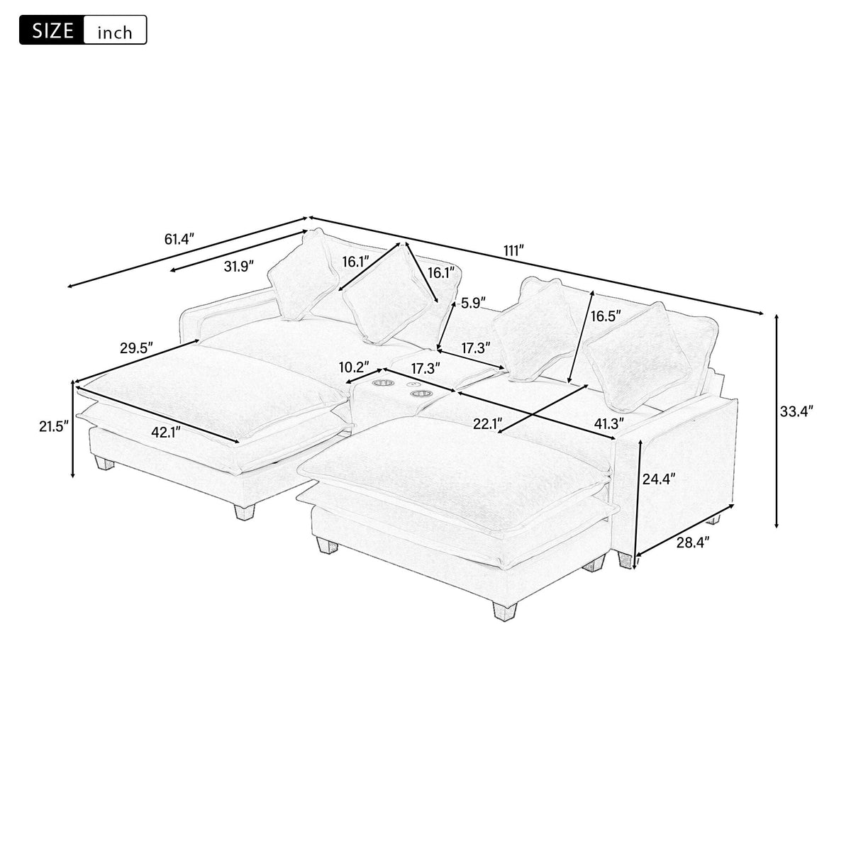 Modern Sectional Sofa with Removable Ottomans, USB Ports - Dark Gray or Light Blue