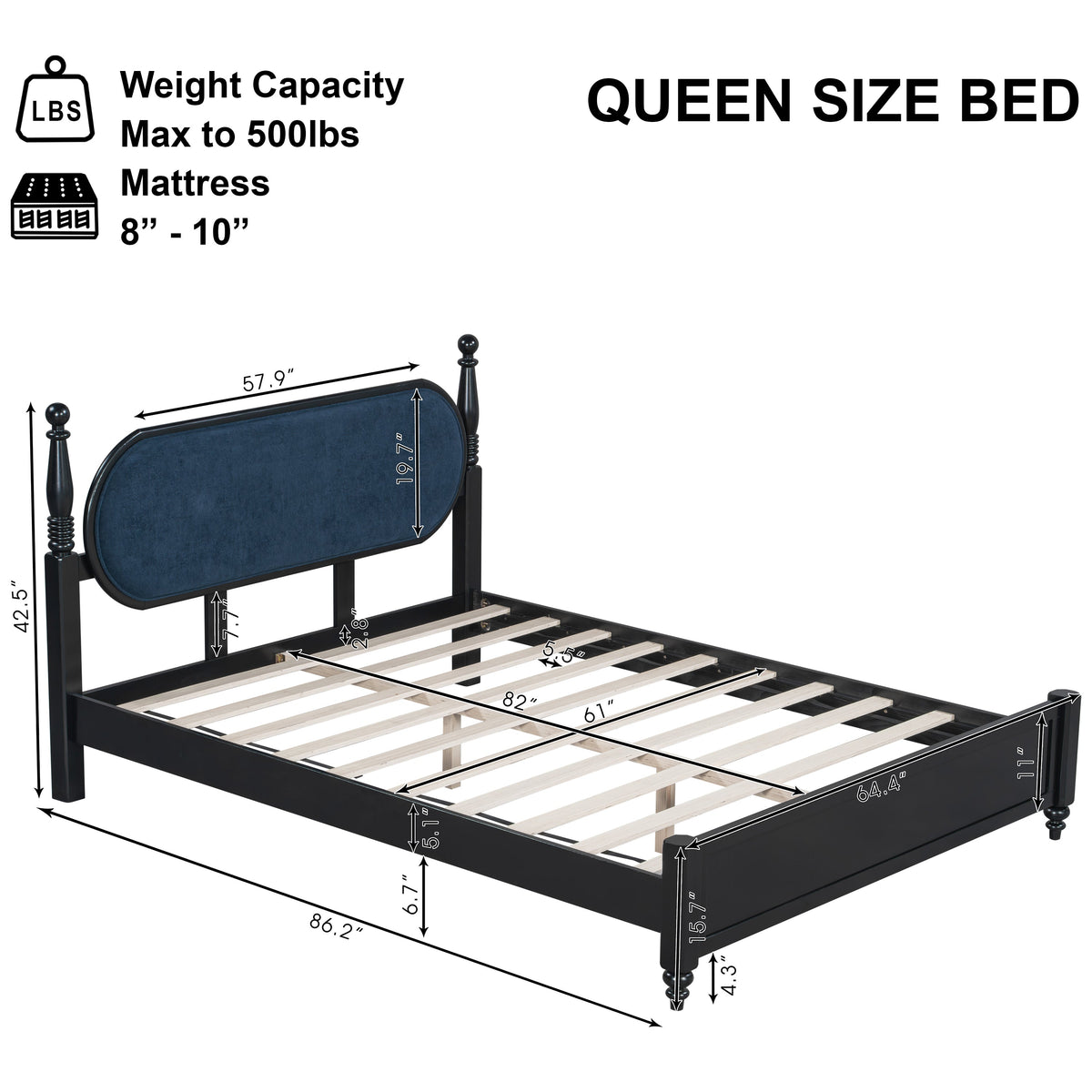 Queen Bed Frame Solid Wood Platform with Upholstered Headboard - Black, Navy Blue