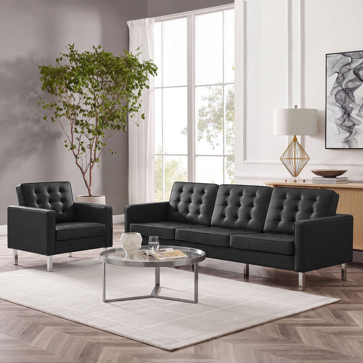 Loft Tufted Upholstered Faux Leather Sofa and Armchair Set by Modway