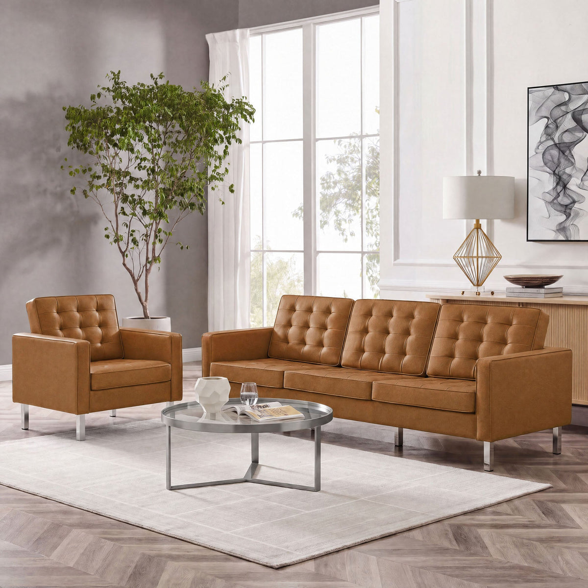 Loft Tufted Upholstered Faux Leather Sofa and Armchair Set by Modway